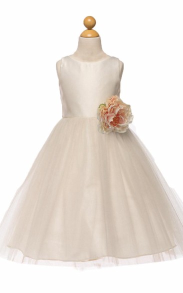 Tea-Length Tiered Tulle&Satin Flower Girl Dress