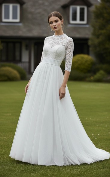 Conservative High-Neck Tulle Bridal Gown