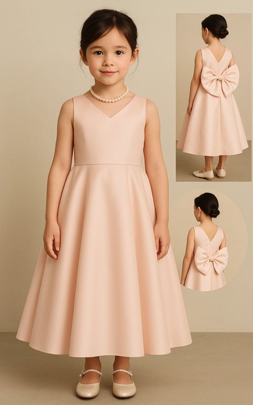 Simple Solid Satin A-line Flowergirl Dress with Back Bow