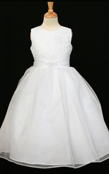 Tea-Length Tiered Sleeveless Organza Flower Girl Dress