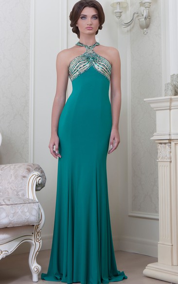 Sheath Beaded Sleeveless Haltered Long Jersey Evening Dress With Pleats