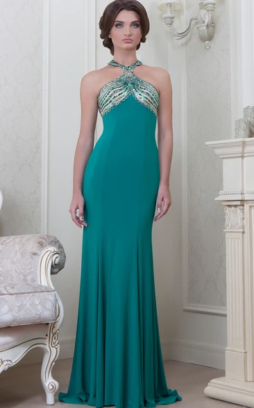 Sheath Beaded Sleeveless Haltered Long Jersey Evening Dress With Pleats