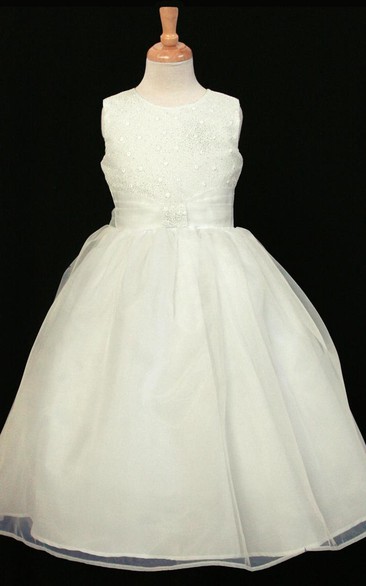 Tea-Length Sleeveless Tiered Organza Flower Girl Dress