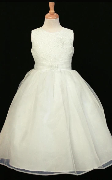 Tea-Length Sleeveless Tiered Organza Flower Girl Dress
