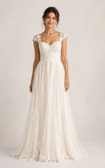 Simple Casual A-Line Wedding Dress Cap Sleeve Sweetheart Tulle Lace Applique Floor Length Sweep Train White