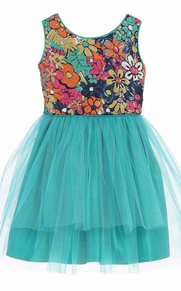 Floral Tea-Length Floral Tulle&Sequins Flower Girl Dress With Sash