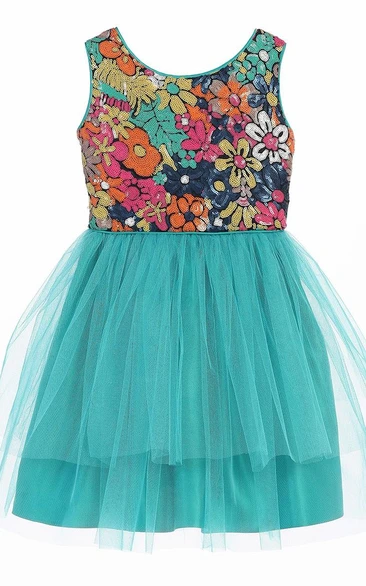 Floral Tea-Length Floral Tulle&Sequins Flower Girl Dress With Sash