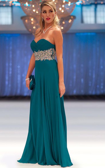 Sheath Long Sweetheart Criss-Cross Sleeveless Chiffon Prom Dress With Waist Jewellery And Pleats