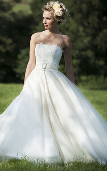 Long Strapless Appliqued Chiffon Wedding Dress With Sweep Train And V Back
