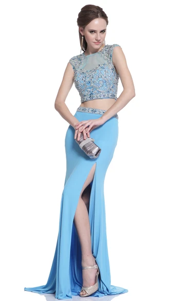 Two-Piece Sheath Long Scoop-Neck Cap-Sleeve Jersey Keyhole Dress With Split Front And Beading