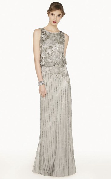 Scoop Neckline Sleeveless Sheath Tulle Long Prom Dress With Appliques And Sequins