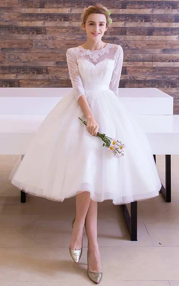 Long Sleeve Jewel Neck Pleated Tea Length Lace Dress