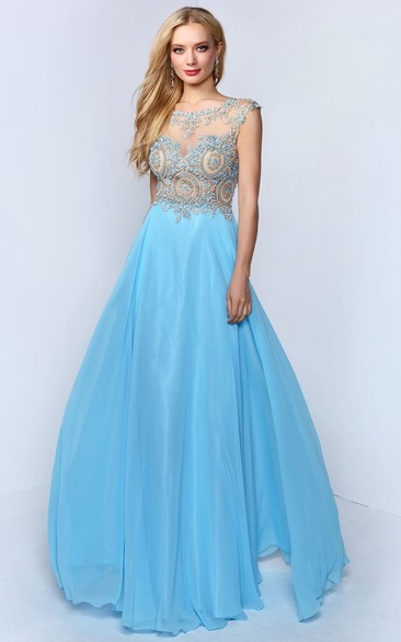 A-Line Maxi Bateau Sleeveless Low-V Back Dress With Beading And Pleats