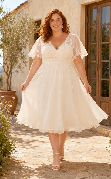 Robe de mariée grande taille en tulle, col en V, manches courtes, longueur thé