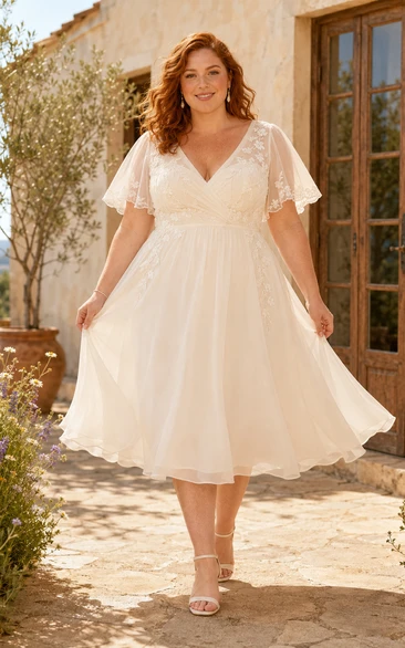 Robe de mariée grande taille en tulle, col en V, manches courtes, longueur thé