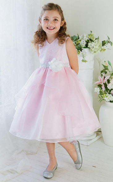Embroideried Tea-Length Tiered Lace&Organza Flower Girl Dress