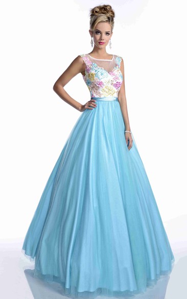 Long Tulle A-Line Prom Dress With Embroidered Bodice And Beadings