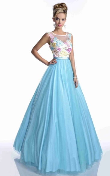Long Tulle A-Line Prom Dress With Embroidered Bodice And Beadings