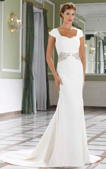 Sheath Short-Sleeve Square-Neck Satin Wedding Dress