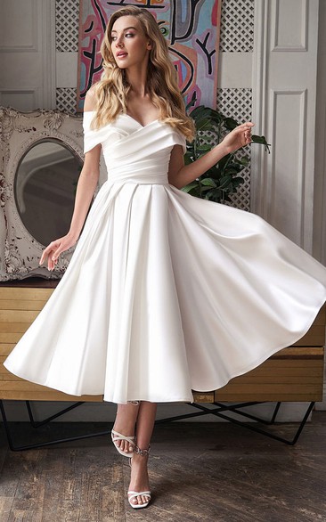 Off-the-shoulder Criss-cross A-line Tea-length Satin Wedding Dress
