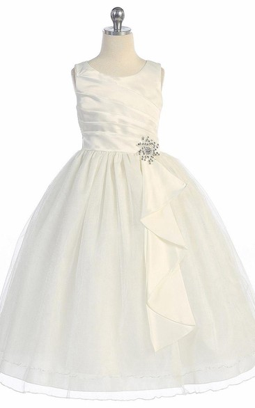 Broach Tea-Length Pleated Satin Flower Girl Dress With Ruffles