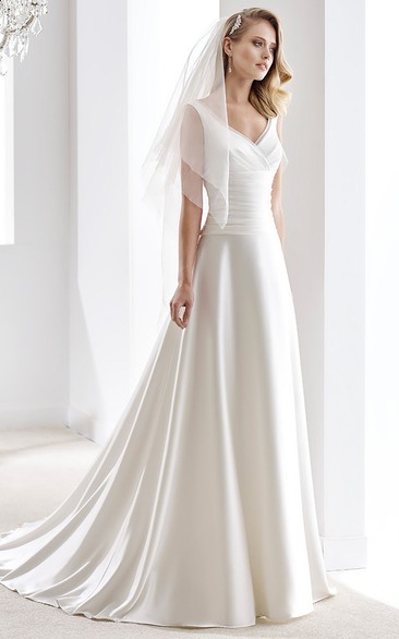 V-Neck Draping Satin Simple Wedding Dress With Pleated Bodice And Brush Train