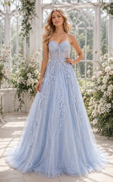 Sky Blue Tulle A-Line Prom Dress with Lace Applique and Strapless Bodice