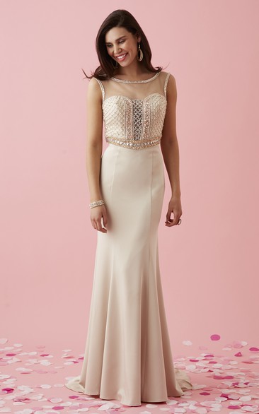 Sheath Scoop-Neck Sleeveless Jersey Illusion Dress With Beading