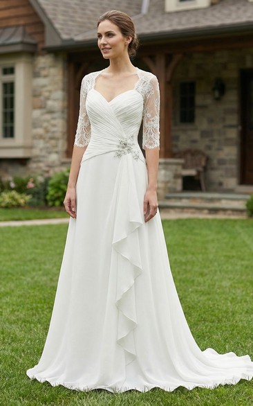 Half Sleeve Lace & Chiffon MOB Gown with Train