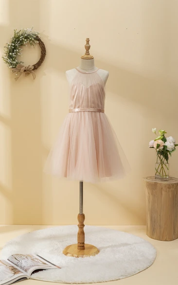 Adorable Coral Tulle Short Pleated Flowergirl Dress