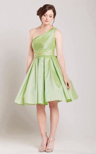 A Line Pleated Short Mini One Shoulder Sleeveless Satin Bridesmaid Dress