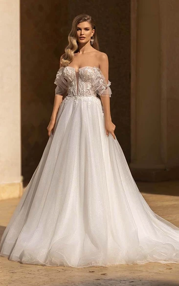 Off-the-shoulder Notched Ball Gown Tulle Applique Tulle Princess Wedding Dress