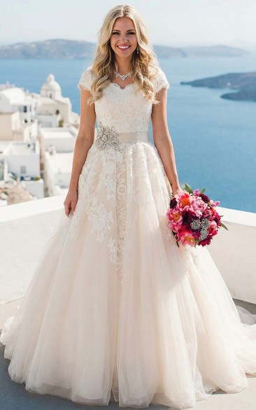 Fairytale Cap Sleeve Ball Gown - Lace Applique Tulle Wedding Dress with Crystal Belt