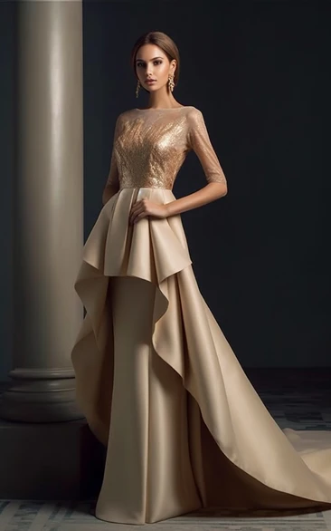 Champagne Bateau-neck Half-sleeve Sheath Mother of Bride Dress with Peplum