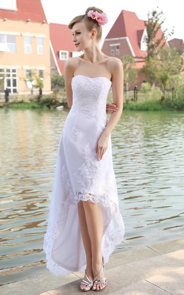 Strapless High-Low Organza Dress With Lace Appliques