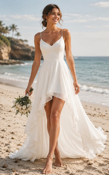 White High-low V-neck Chiffon A-line Wedding Dress