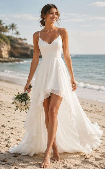 White High-low V-neck Chiffon A-line Wedding Dress
