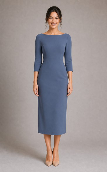 Steel Blue Bateau Three-Quarter Sleeve Midi Sheath Dress