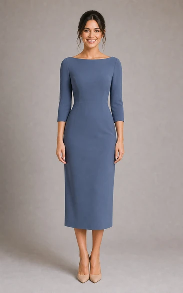 Steel Blue Bateau Three-Quarter Sleeve Midi Sheath Dress