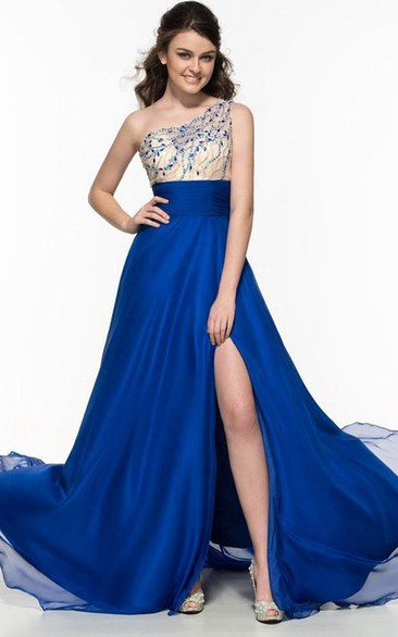 One Shoulder Split-Front Beading Sequins Prom Dress