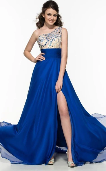 One Shoulder Split-Front Beading Sequins Prom Dress