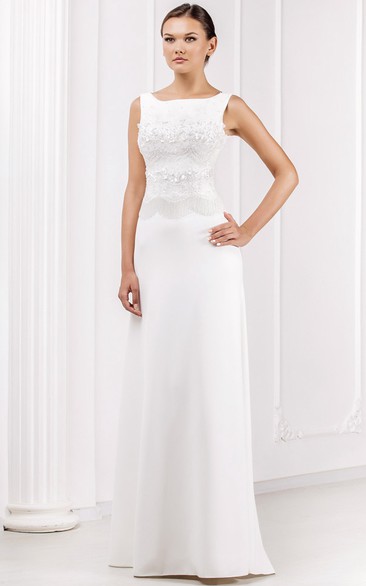 Sheath Bateau Appliqued Sleeveless Floor-Length Satin Wedding Dress With Keyhole Back And Sweep Train