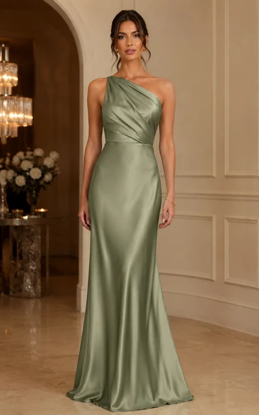 Sage One-Shoulder Satin Bridesmaid Dress