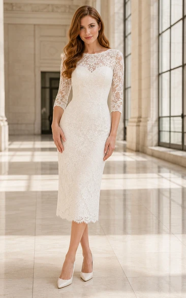 Vestido de novia de manga larga, de encaje, largo hasta la rodilla y escote ilusión.