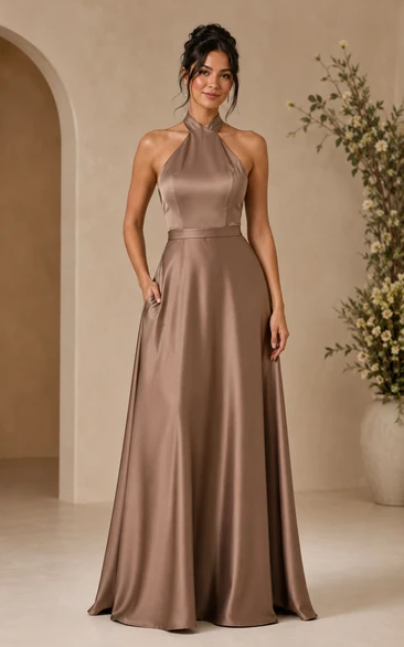 Taupe Satin Halter A-Line Bridesmaid Dress