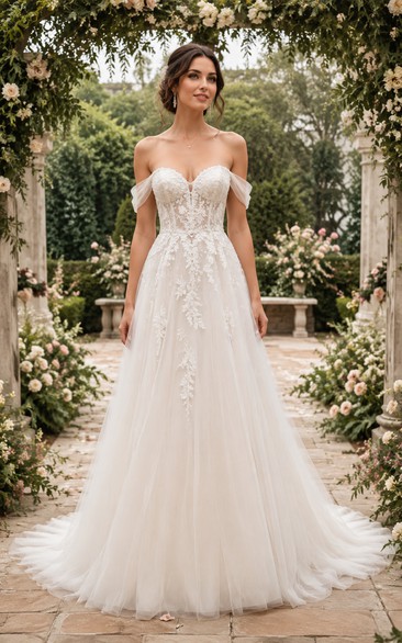 Off Shoulder A-Line Lace Wedding Dress with Floral Appliques and Chapel Train