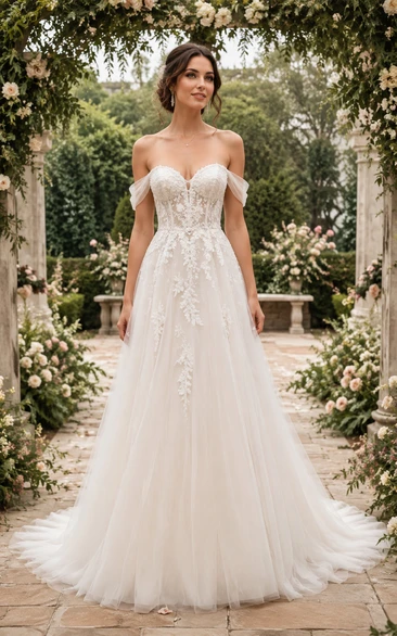 Off Shoulder A-Line Lace Wedding Dress with Floral Appliques and Chapel Train
