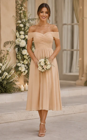 Champagne Off-the-Shoulder Tea-Length Chiffon Bridesmaid Dress