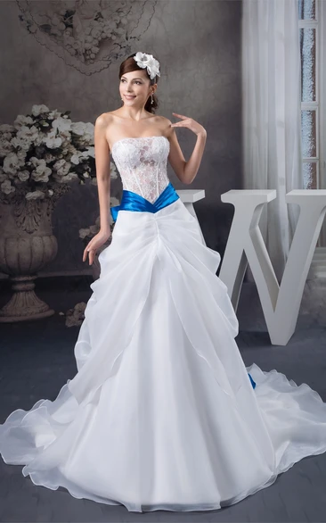 Strapless A-Line Lace Central Draping and Gown With Bow