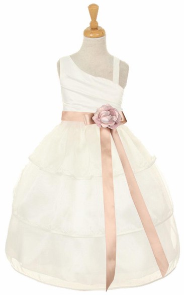 Tea-Length One-Shoulder Tiered Organza Flower Girl Dress